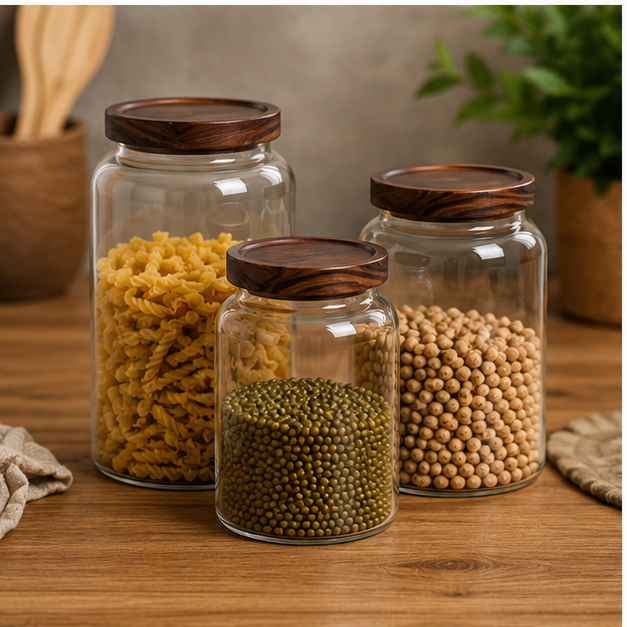 Glass Storage Jar Set with Wooden Lids (YM2450)