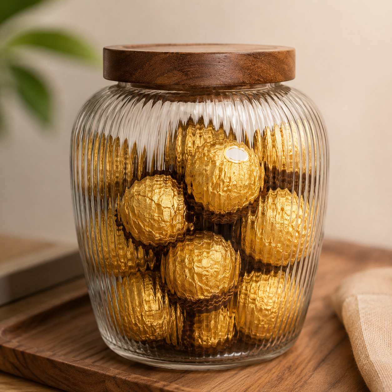 Ribbed Glass Candy Storage Jar with Wooden Lid(YM2465)