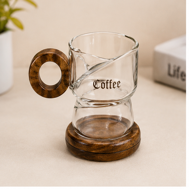 Transparent Glass Cup with Brown Wooden Plate (YM1569)