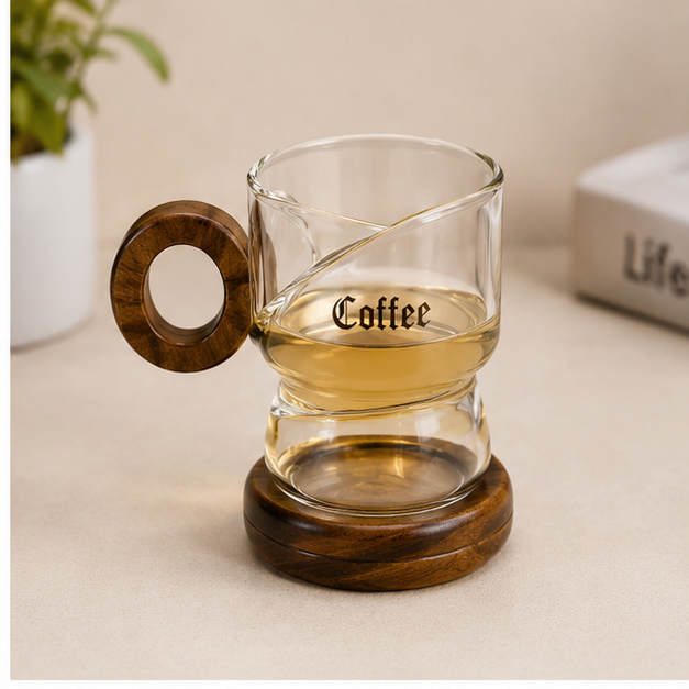 Transparent Glass Cup with Brown Wooden Plate (YM1569)