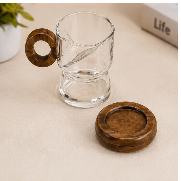 Transparent Glass Cup with Brown Wooden Plate (YM1569)