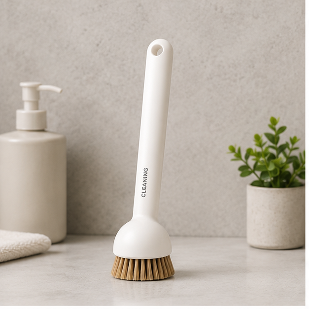 Ergonomic White Plastic Scrub Brush for Bathroom Cleaning (RB-E24056-CR)