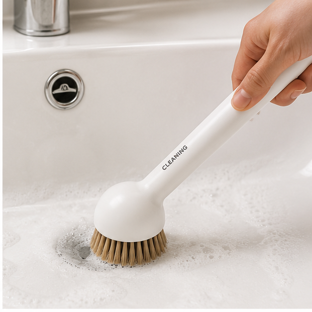 Ergonomic White Plastic Scrub Brush for Bathroom Cleaning (RB-E24056-CR)