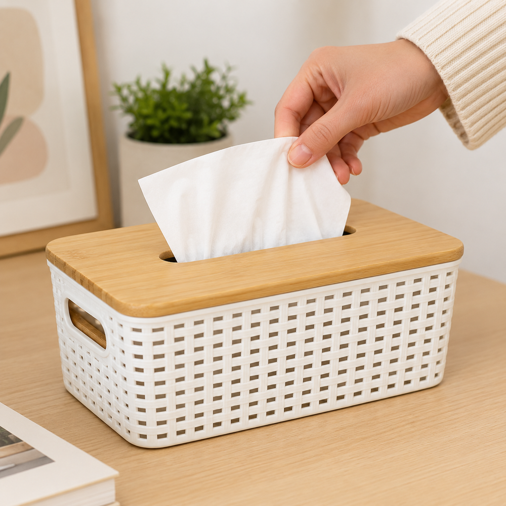 Plastic Woven Tissue Box Holder with Bamboo Lid(YM497)