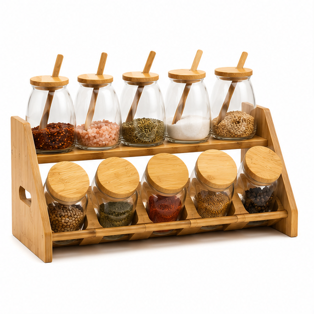 Spice Jar with Wooden Stand Set of 10 (YM2410)