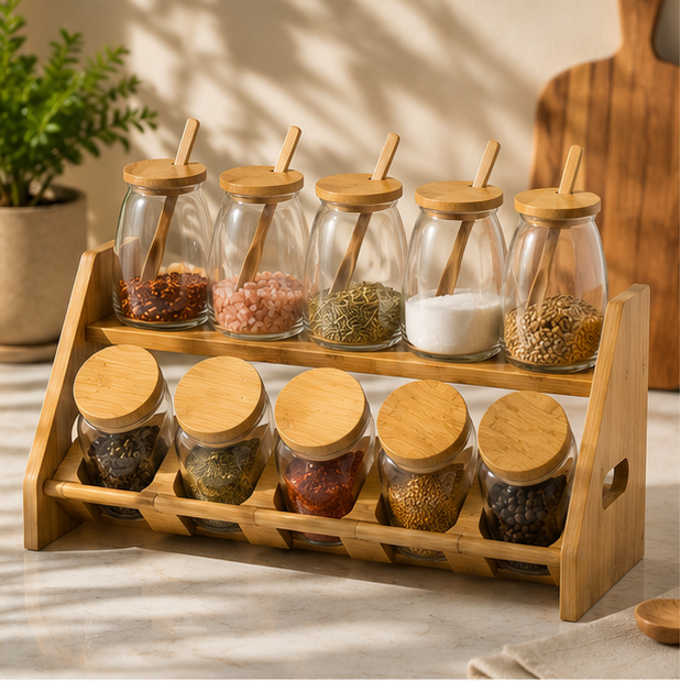 Spice Jar with Wooden Stand Set of 10 (YM2410)