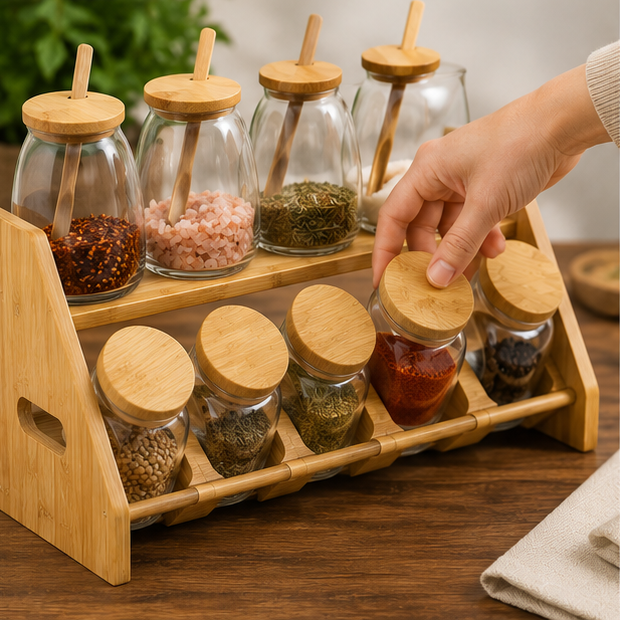 Spice Jar with Wooden Stand Set of 10 (YM2410)