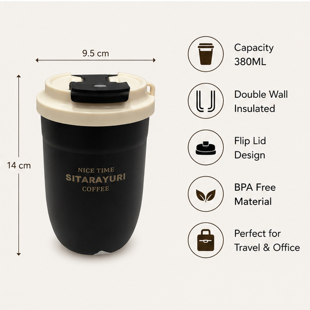 Black Insulated Coffee Tumbler with Secure Flip Lid for Office Use (YM1611)