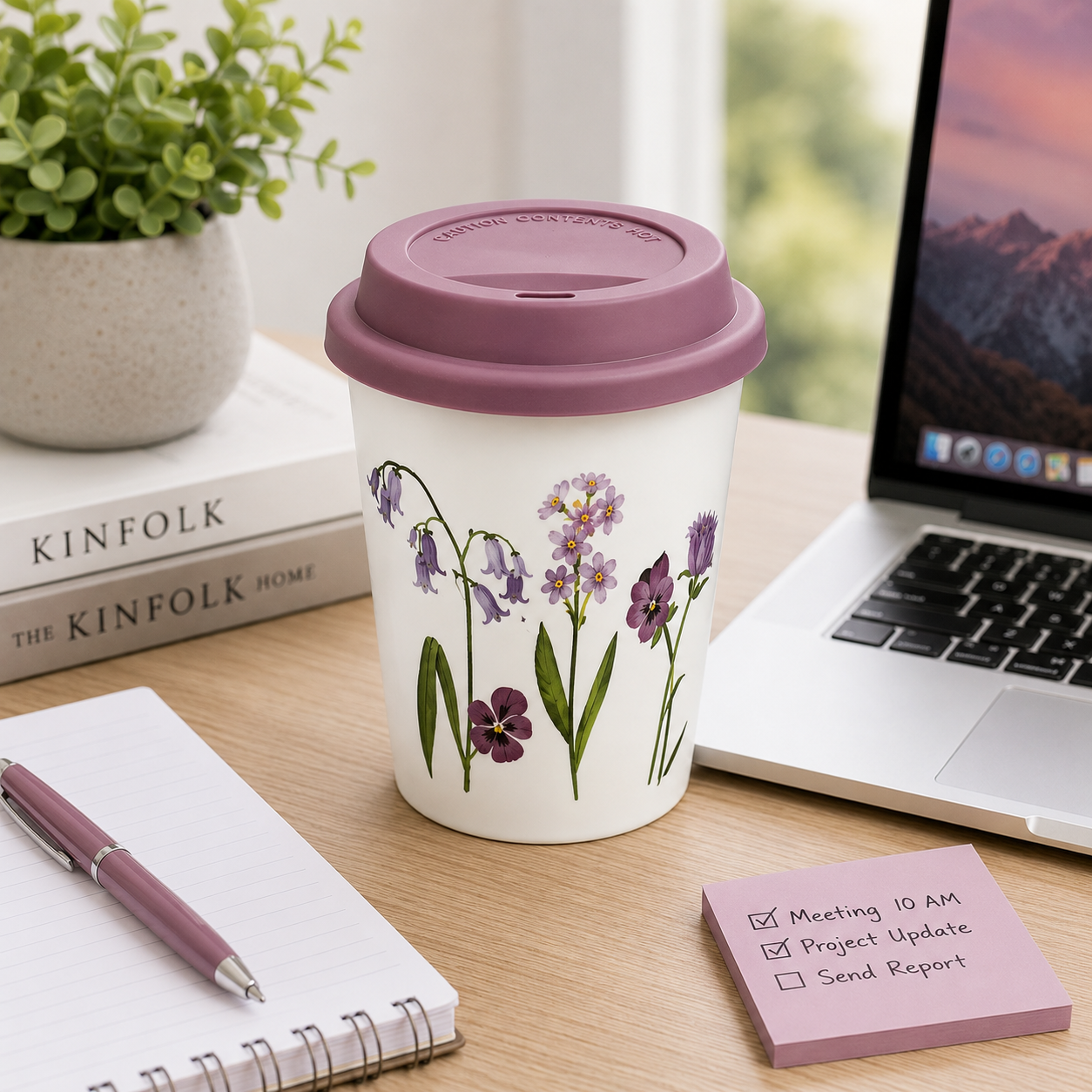 Floral Coffee Tumbler with Lid – Mauve (YM2856)