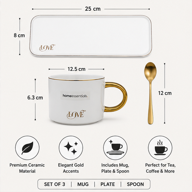 White Ceramic Mug Plate and Spoon Set of 3 (YM1760)