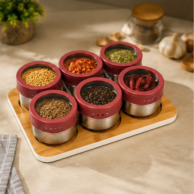 Wood Spice Box Set with 6 Seasoning Containers (YM130)