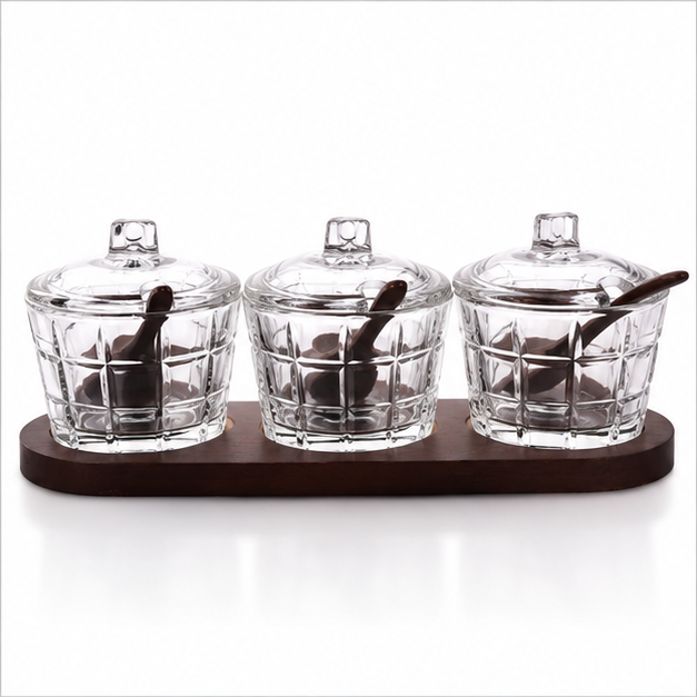 Glass Condiment Set of 3 with Wooden Tray – Multigrid Design (YM2417)