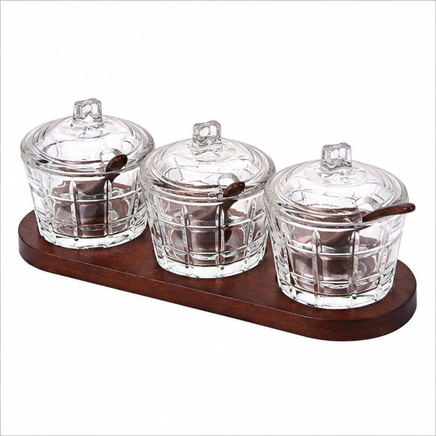 Glass Condiment Set of 3 with Wooden Tray – Multigrid Design (YM2417)