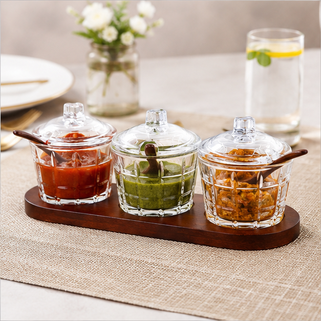Glass Condiment Set of 3 with Wooden Tray – Multigrid Design (YM2417)