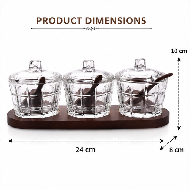 Glass Condiment Set of 3 with Wooden Tray – Multigrid Design (YM2417)