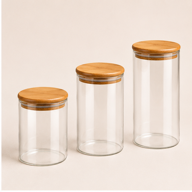 Transparent Glass Storage Jar with Wooden Lid (YM2435)