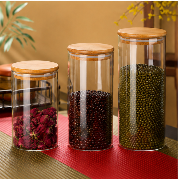 Transparent Glass Storage Jar with Wooden Lid (YM2435)