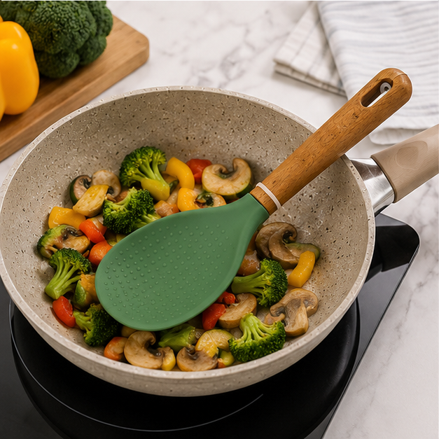 Green Silicone Spatula with Wooden Handle (YM944)