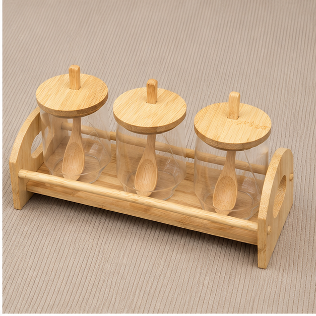 Trio Glass Spice Rack Set with Wooden Stand (YM2407)