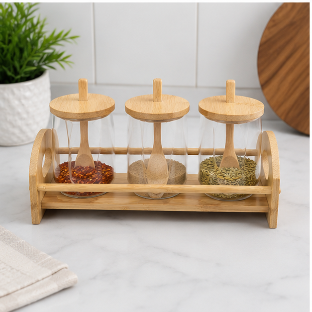 Trio Glass Spice Rack Set with Wooden Stand (YM2407)