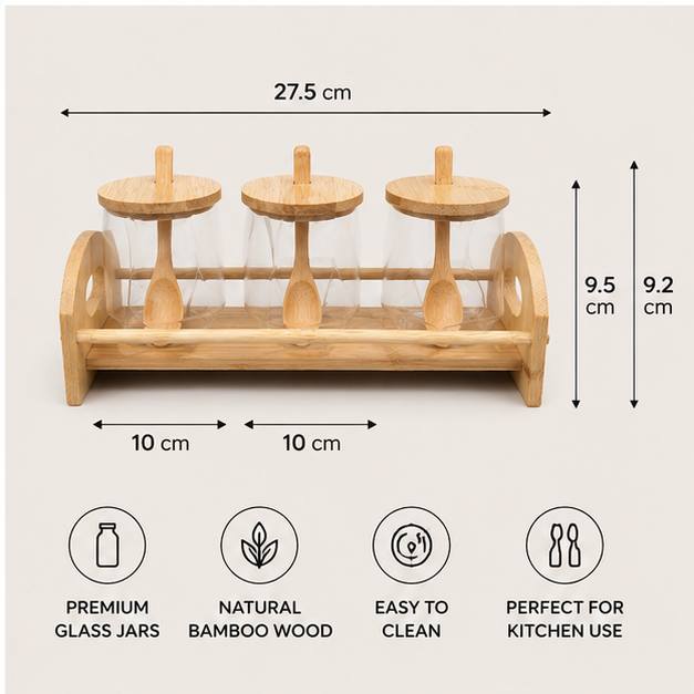 Trio Glass Spice Rack Set with Wooden Stand (YM2407)