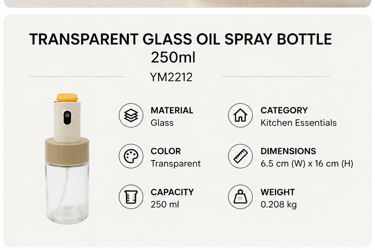 Transparent Glass Oil Spray Bottle 250ml (YM2212)