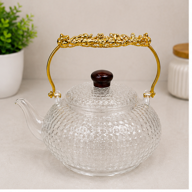 Transparent Glass Tea Kettle with Gold Handle (YM1550)