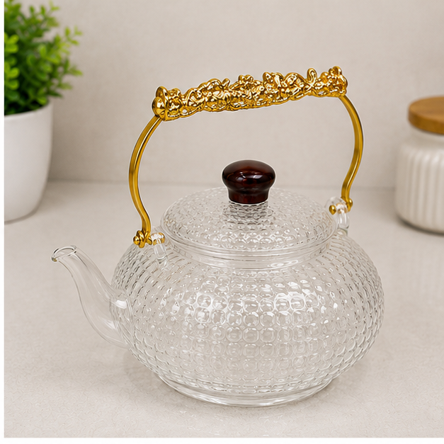 Transparent Glass Tea Kettle with Gold Handle (YM1550)