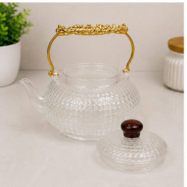 Transparent Glass Tea Kettle with Gold Handle (YM1550)