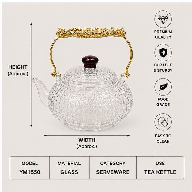 Transparent Glass Tea Kettle with Gold Handle (YM1550)