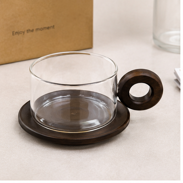Transparent Glass Cup with Wooden Handle (YM156)