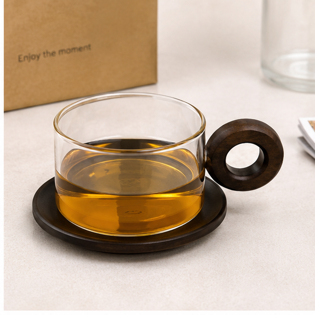 Transparent Glass Cup with Wooden Handle (YM156)