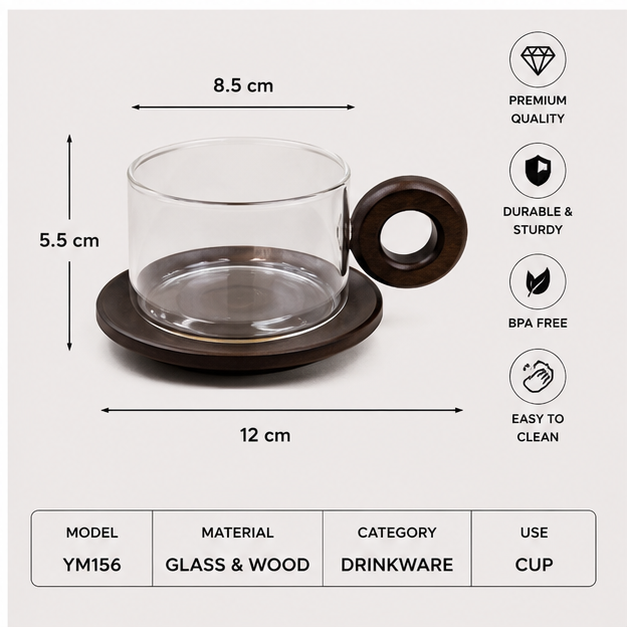 Transparent Glass Cup with Wooden Handle (YM156)
