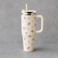 Floral Printed Stainless Steel Travel Tumbler with Handle & Straw Lid(YM1620)