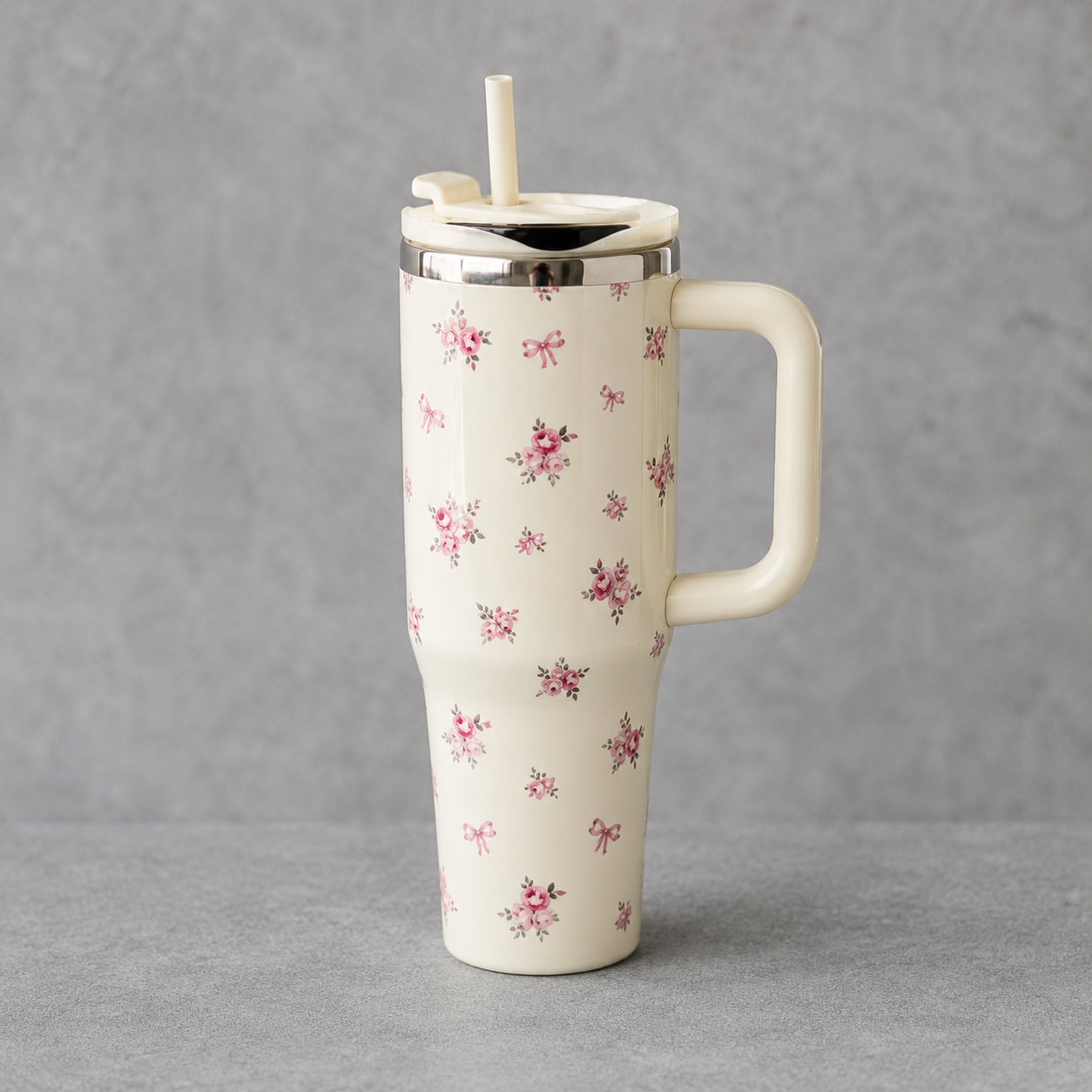 Floral Printed Stainless Steel Travel Tumbler with Handle & Straw Lid(YM1620)