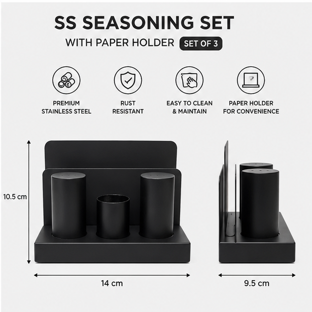 SS Seasoning Set with Paper Holder Black Set of 3 (YM1671)