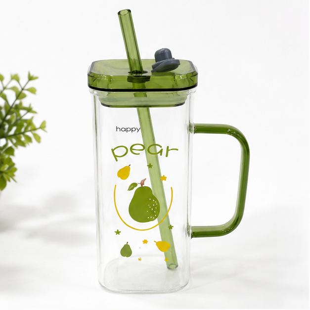 Premium Green Glass Mug with Straw for Daily Drinkware Use (YM1754)