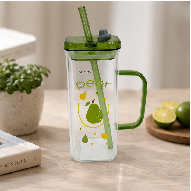 Premium Green Glass Mug with Straw for Daily Drinkware Use (YM1754)