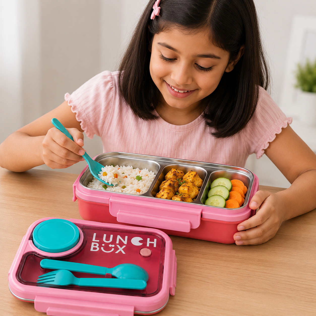 Stainless Steel Red Kids Lunch Box with Spoon & Fork(YM2169)