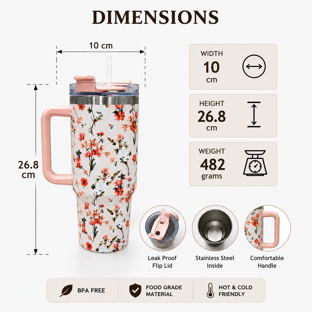 Peach Floral Insulated Tumbler with Handle & Straw (YM2151)