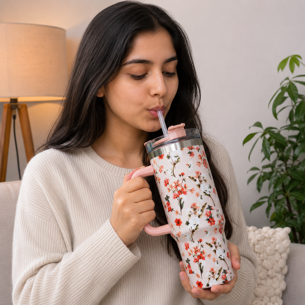 Peach Floral Insulated Tumbler with Handle & Straw (YM2151)
