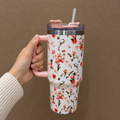 Peach Floral Insulated Tumbler with Handle & Straw (YM2151)