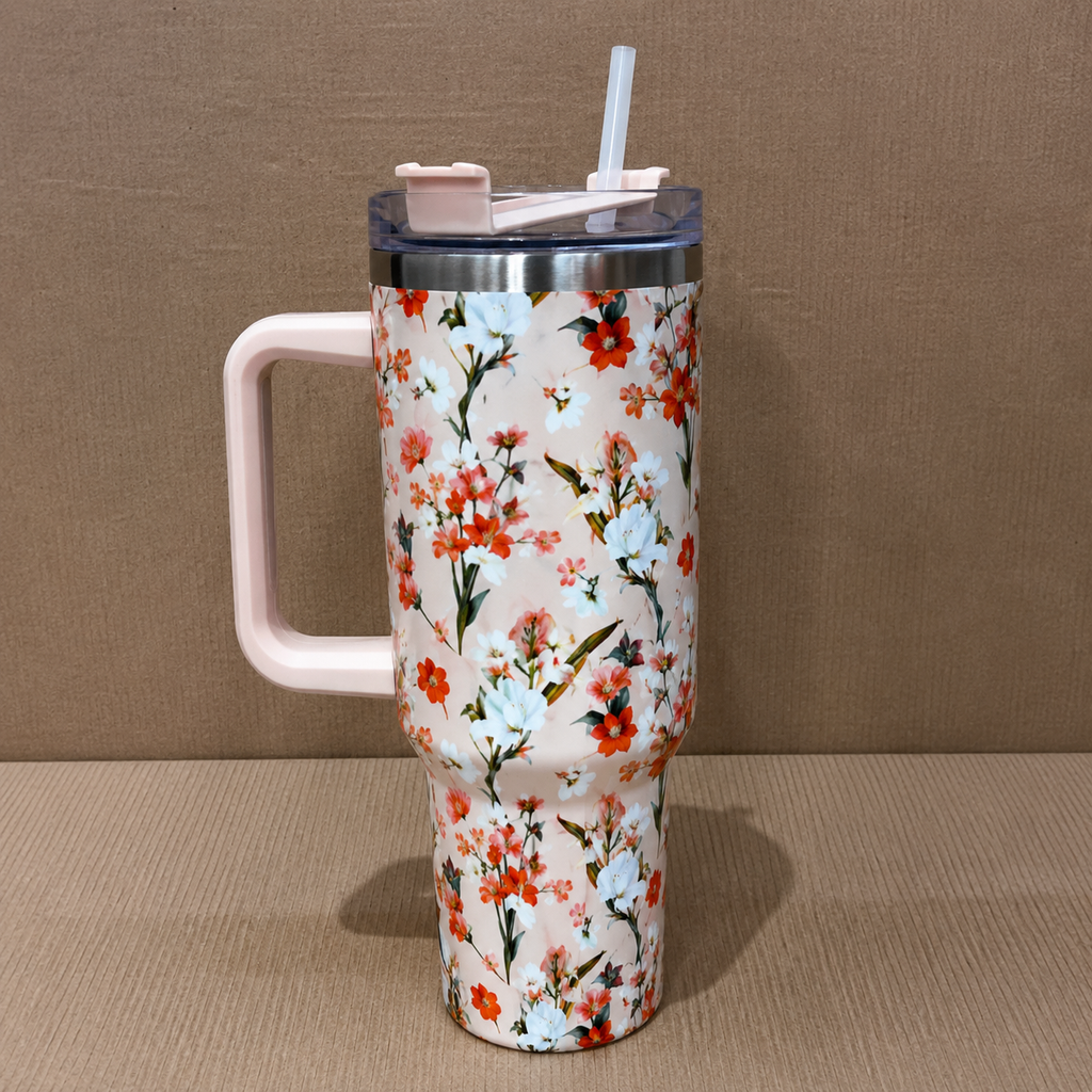Peach Floral Insulated Tumbler with Handle & Straw (YM2151)