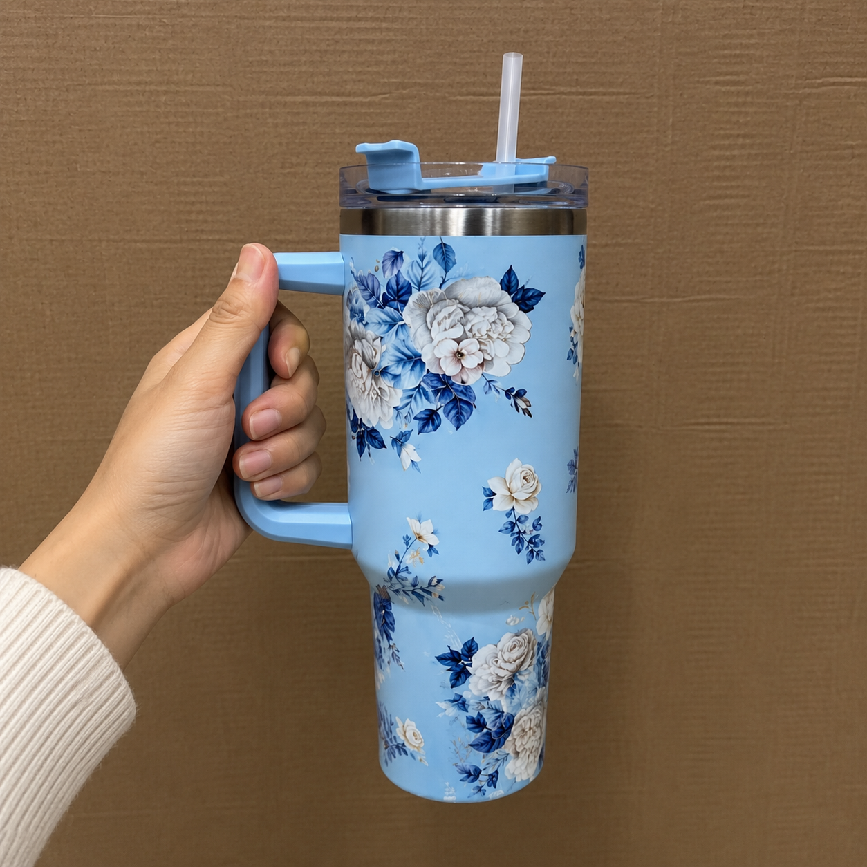 Sky Blue Floral Insulated Tumbler with Handle & Straw (YM2151)
