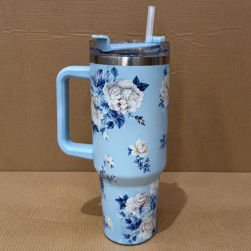 Sky Blue Floral Insulated Tumbler with Handle & Straw (YM2151)