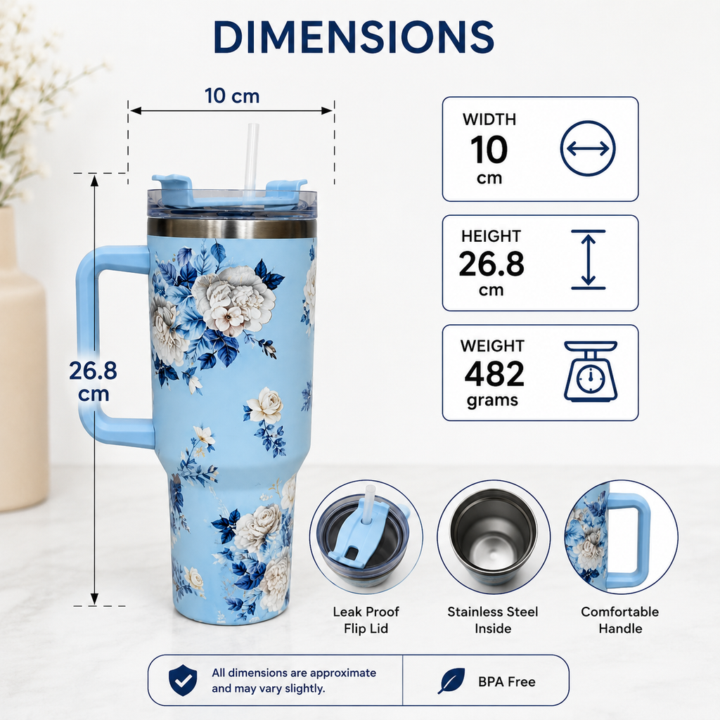 Sky Blue Floral Insulated Tumbler with Handle & Straw (YM2151)