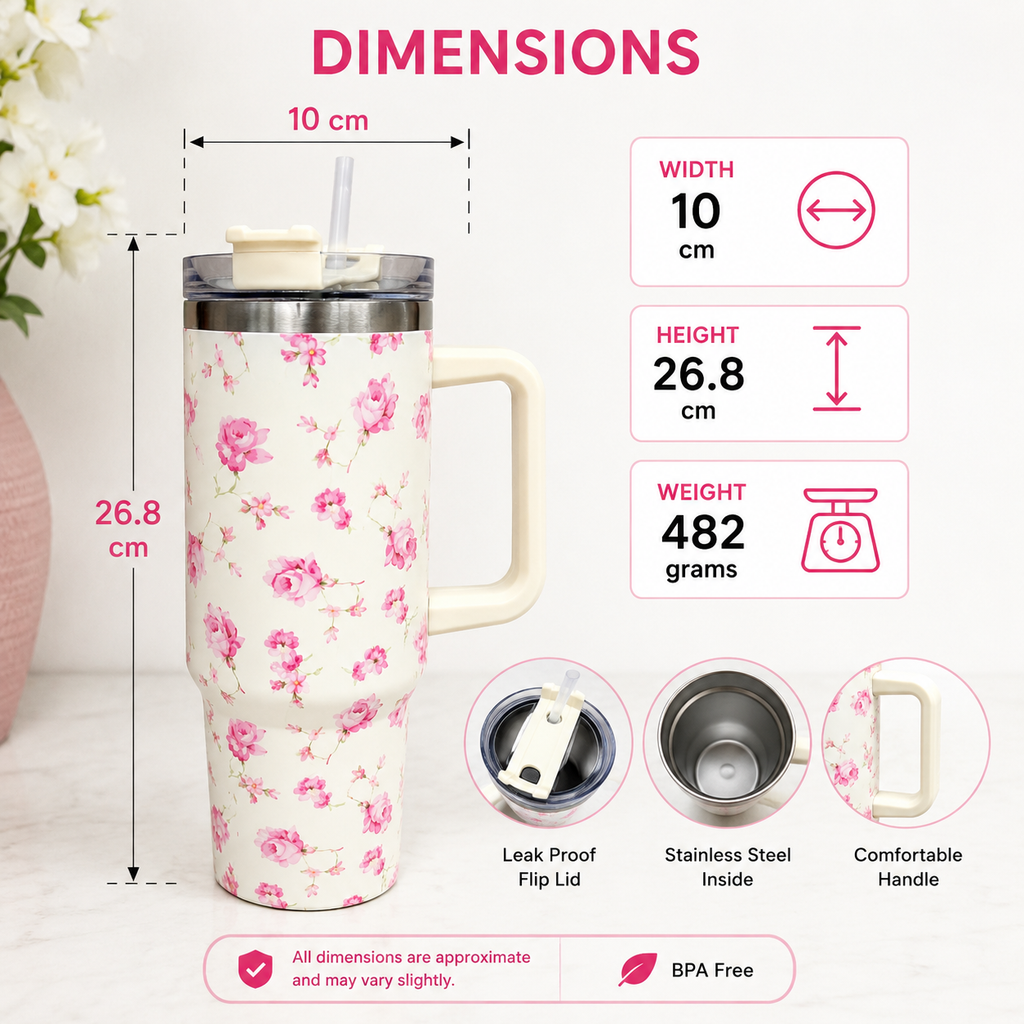 Cream Floral Insulated Tumbler with Handle & Straw (YM2151)