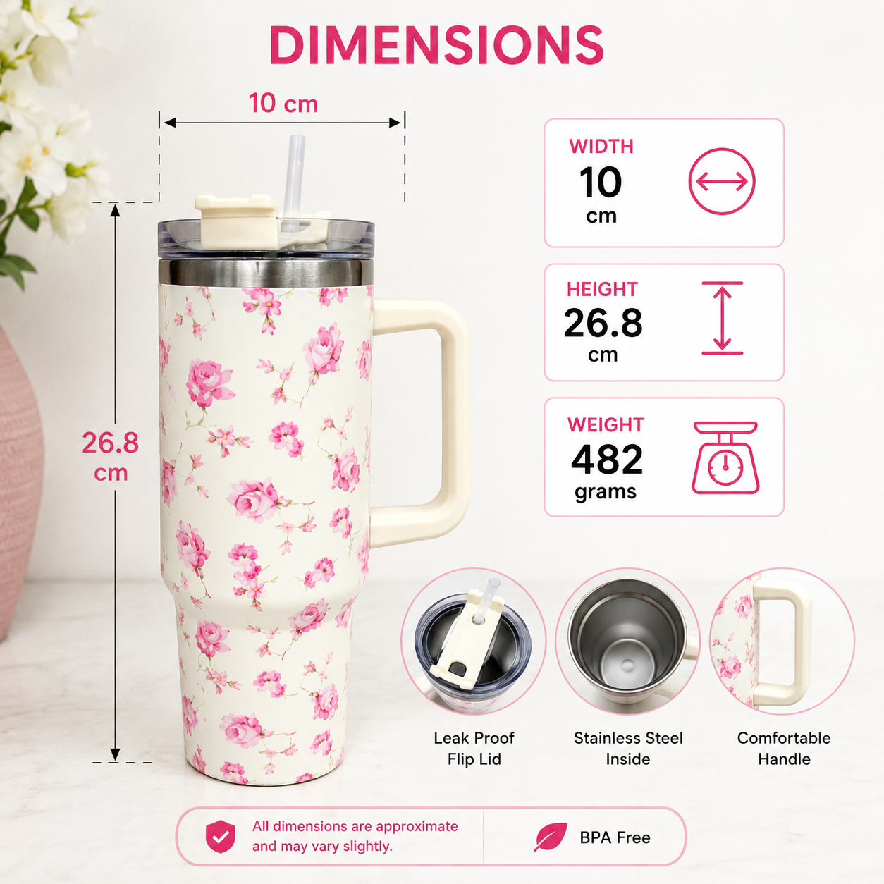 Cream Floral Insulated Tumbler with Handle & Straw (YM2151)