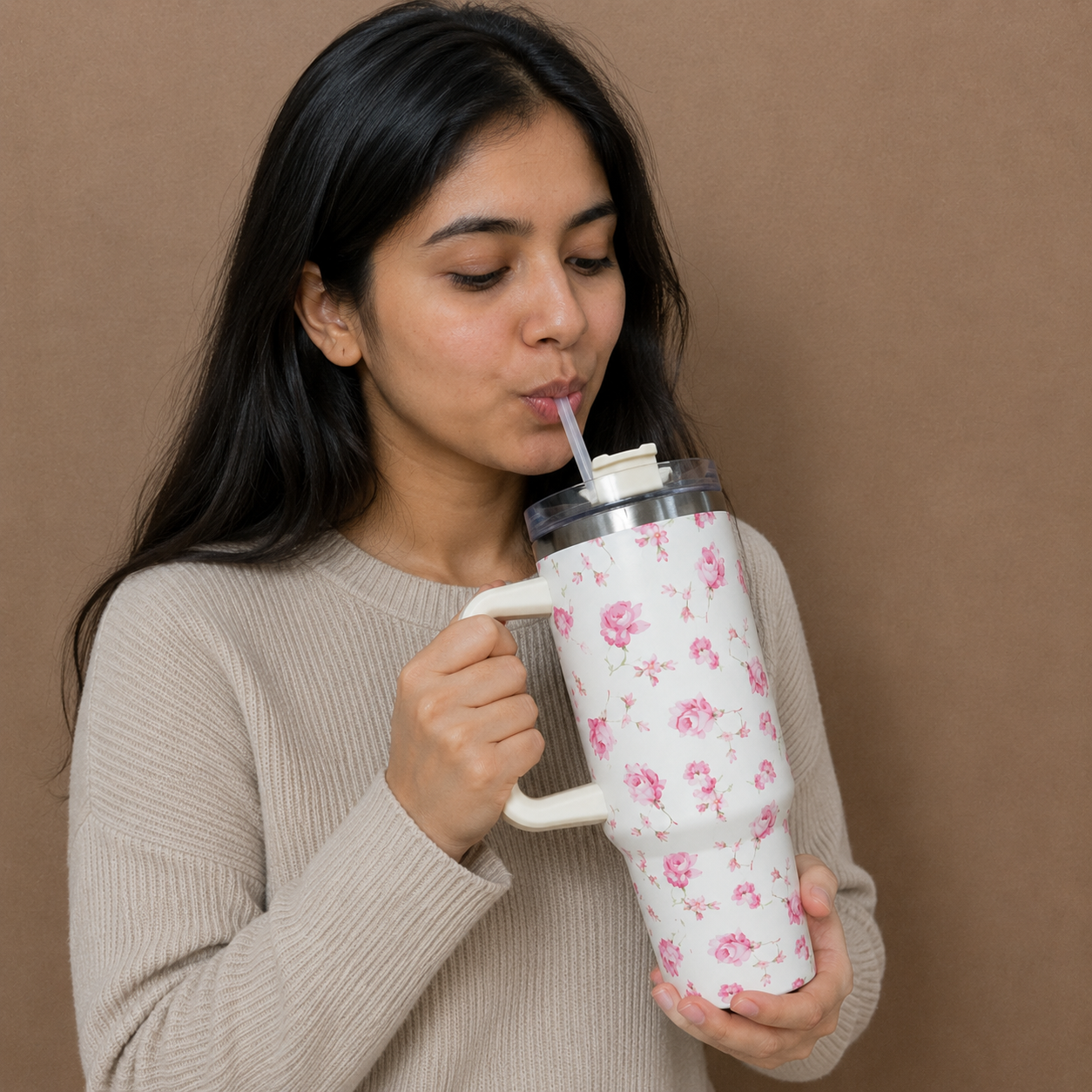 Cream Floral Insulated Tumbler with Handle & Straw (YM2151)
