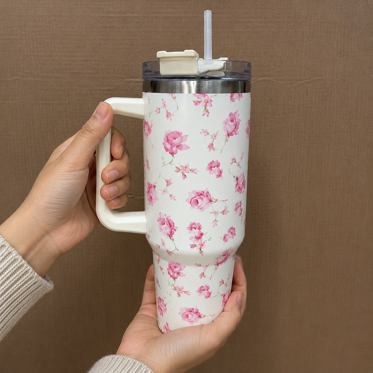 Cream Floral Insulated Tumbler with Handle & Straw (YM2151)